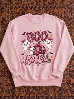 Gildan Pink 'Boo Babe' Leopard Pumpkin Graphic Crewneck